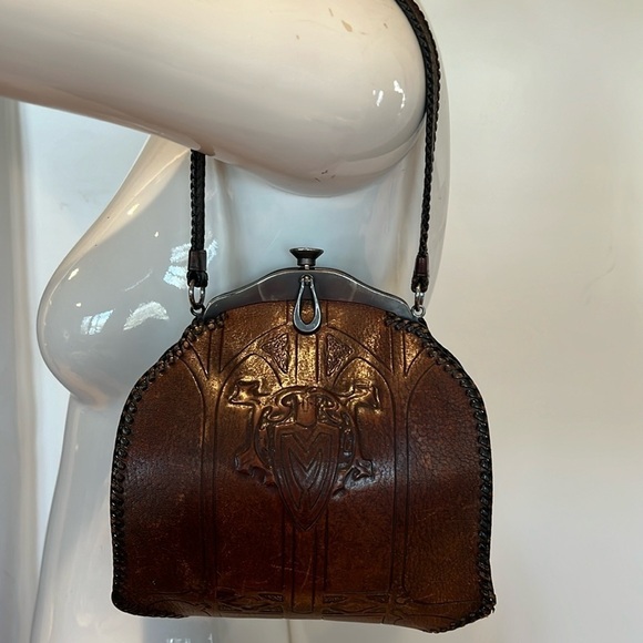 Vintage 1920’s Hand Tooled Brown Leather Purse Metal Snap Frame Closure - Picture 3 of 16